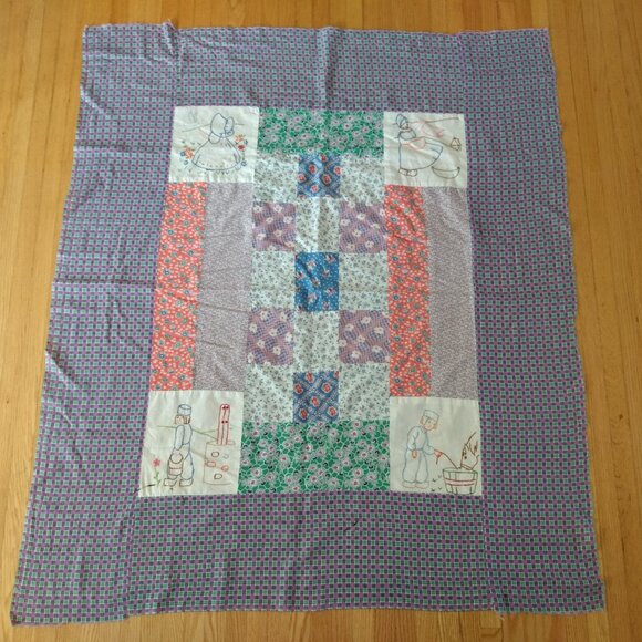 Vintage Quilt Top Unfinished Embroidered Dutch Boy Girl 42" by 48" Stained AS IS - Picture 1 of 16